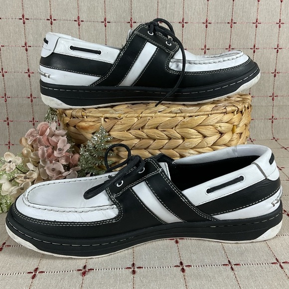 Timberland Boat Shoes Mens Size 11.5 Black & White Leather Deck Shoes PreLoved - Picture 4 of 10